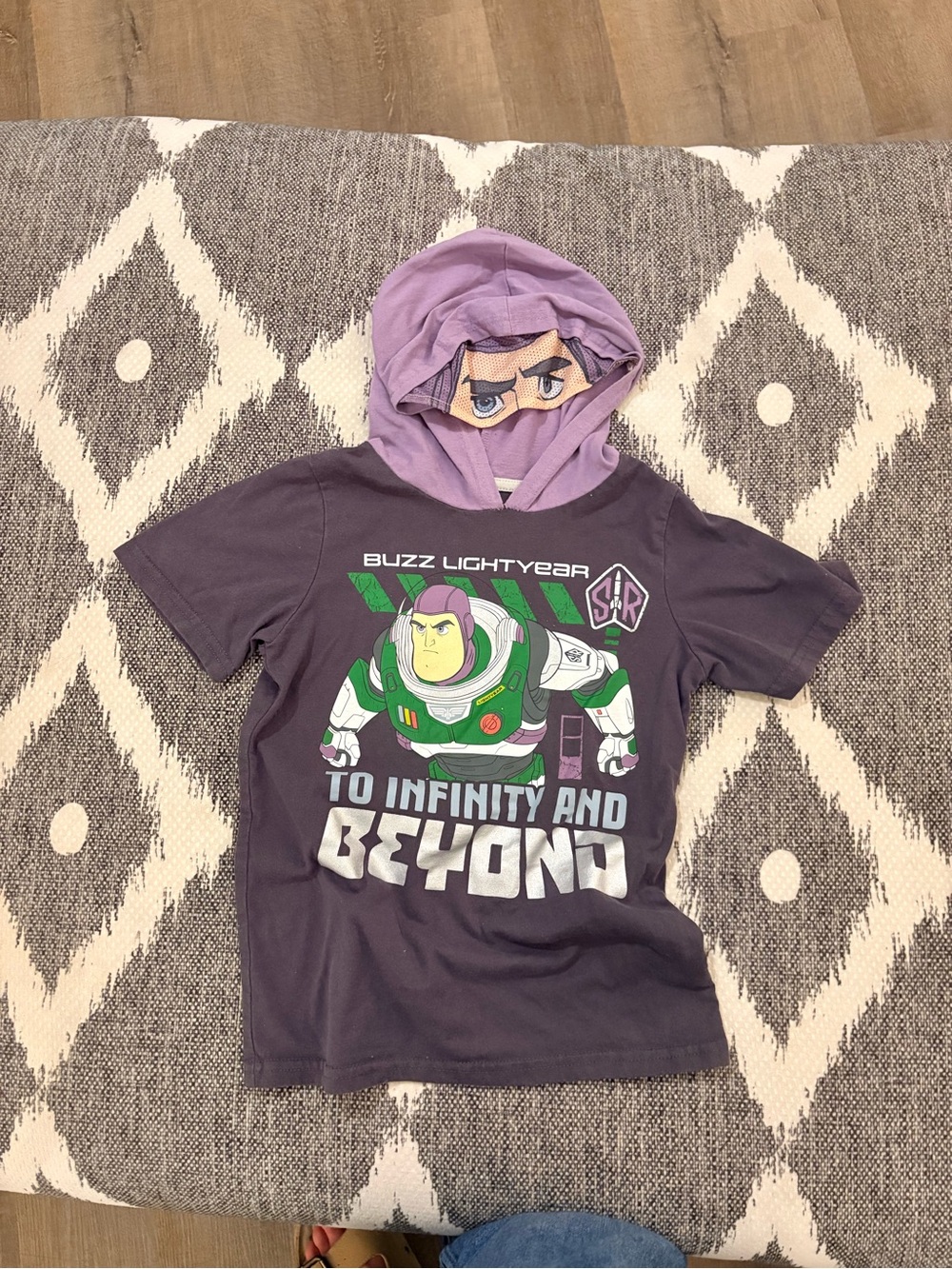 Disney Buzz Lightyear Purple Hooded Short Sleeve Tee - Green & White Graphic